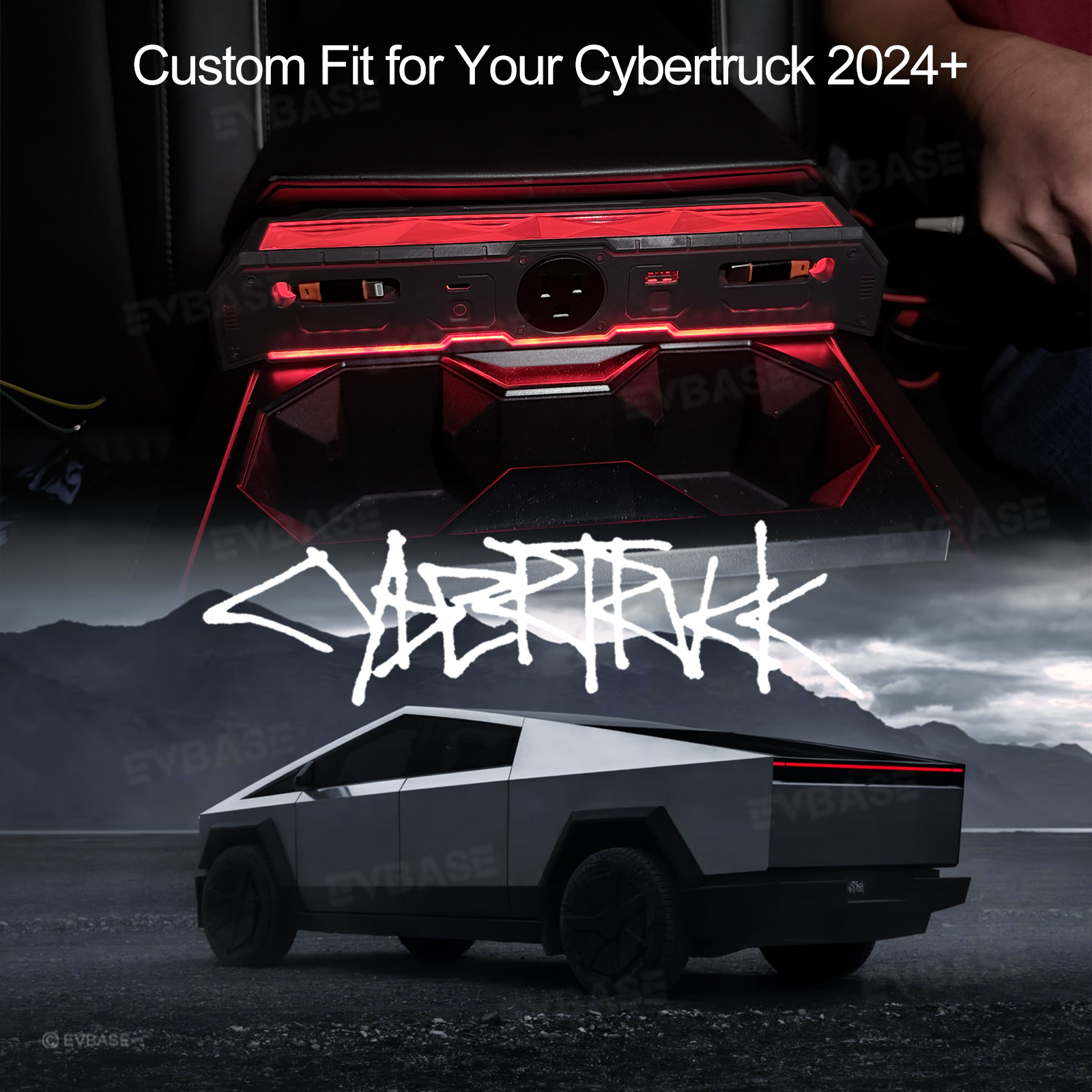Cybertruck Center Console Multi-Port USB Charger Hub 3.0 with Retractable Cables & 110V AC Outlet Ambient Lighting Power Hub