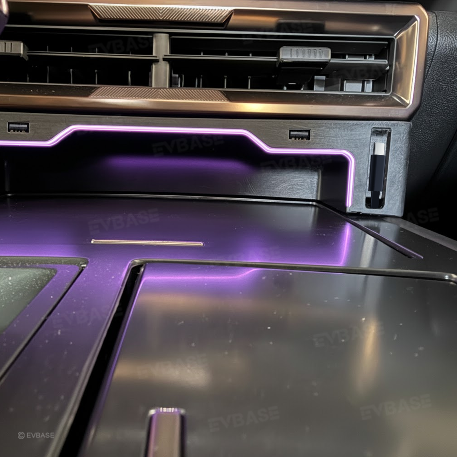 Hummer EV USB Hub Center Console Adapter Docking Station with Retractable Charging Cables RGB LED Ambient Lighting