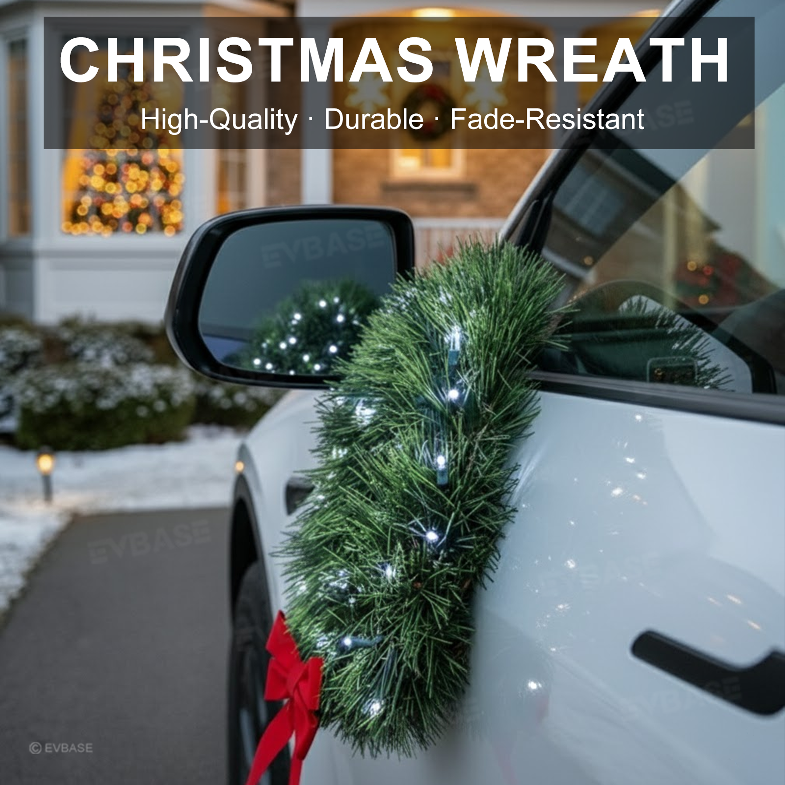 LED Christmas Wreath with Red Bow Holiday Car Exterior Decoration for Tesla