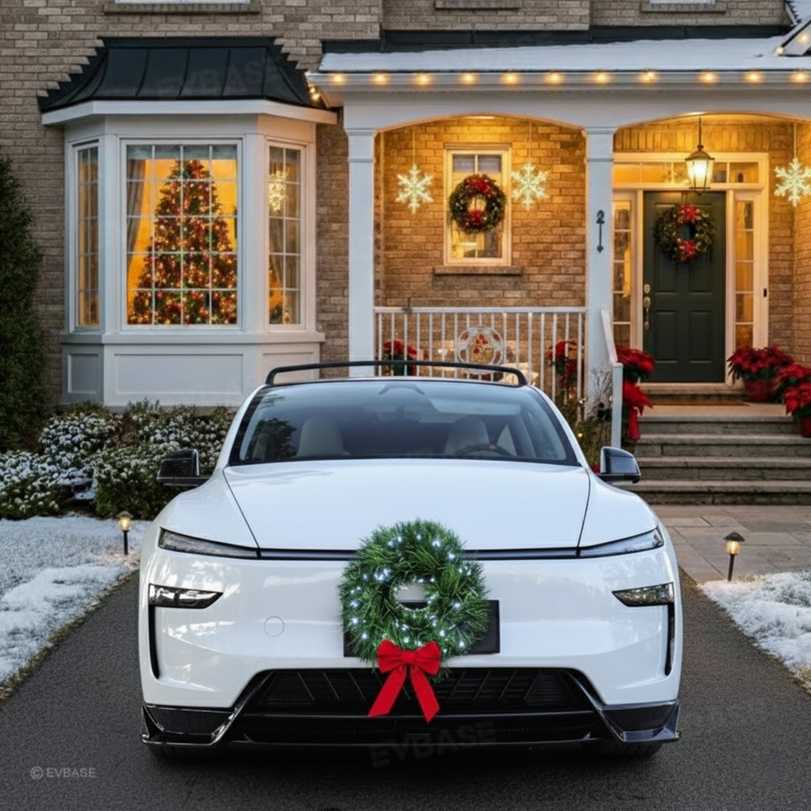 LED Christmas Wreath with Red Bow Holiday Car Exterior Decoration for Tesla