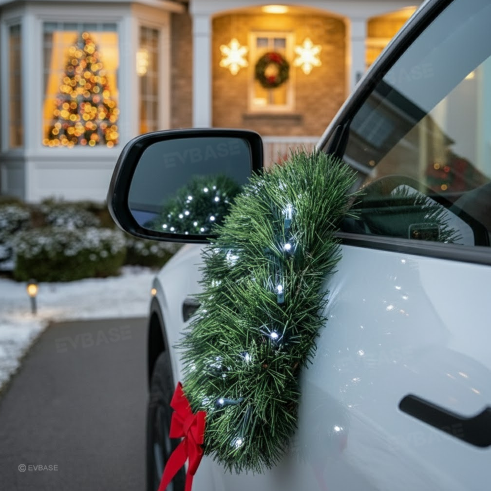 LED Christmas Wreath with Red Bow Holiday Car Exterior Decoration for Tesla