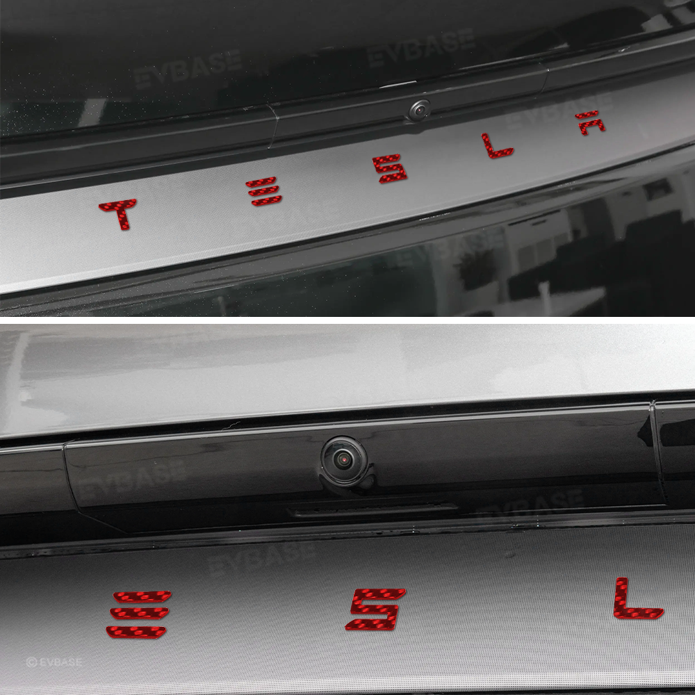 Model Y Juniper Real Carbon Fiber Rear Spoiler Wing & Side Mirror Covers & T-E-S-L-A Lettering Tailgate Emblem Decal