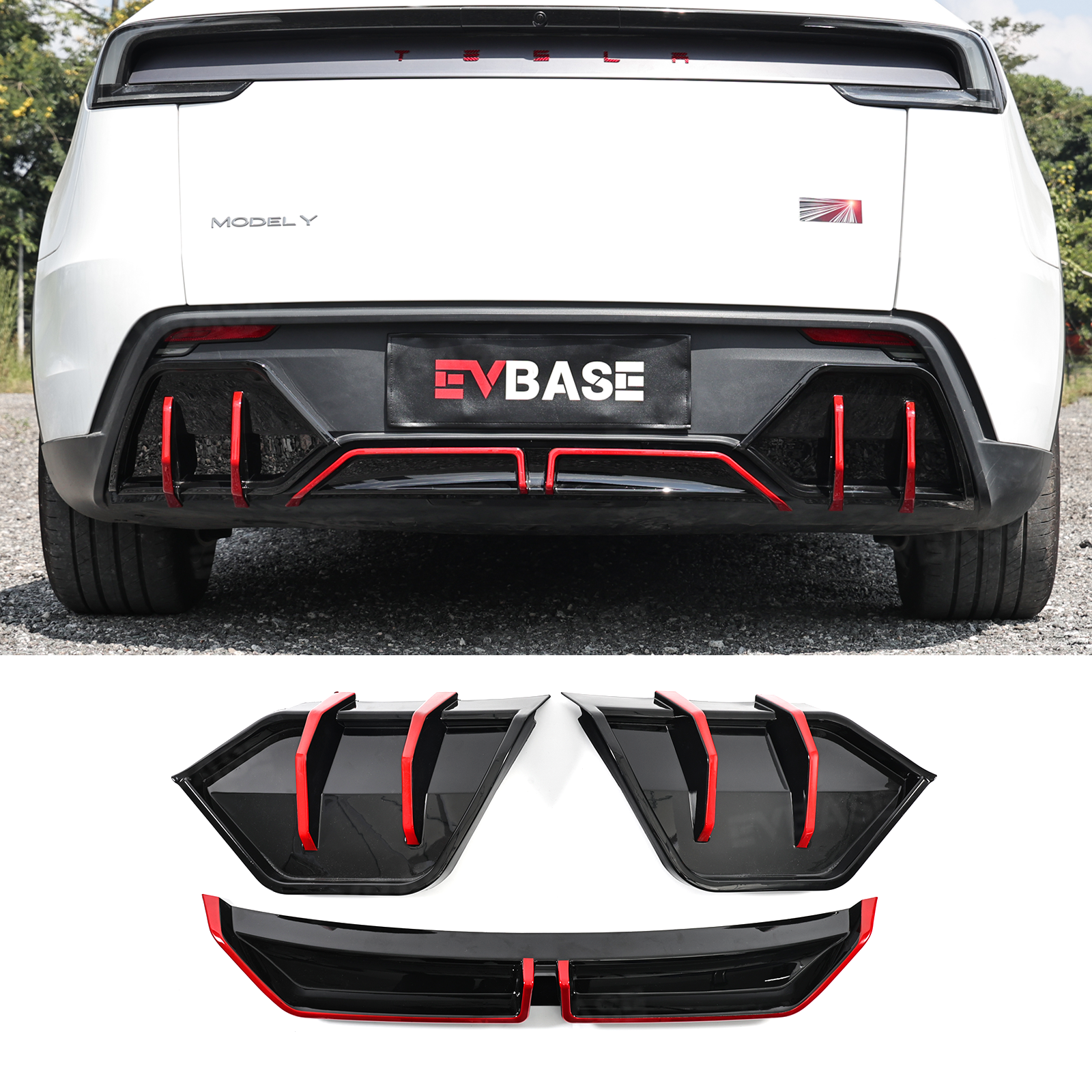Model Y Juniper ABS Full Aero Body Kit with Red Trim Design |Rear Diffuser& Rear Spoiler& Front Lip& Side Skirts for Tesla