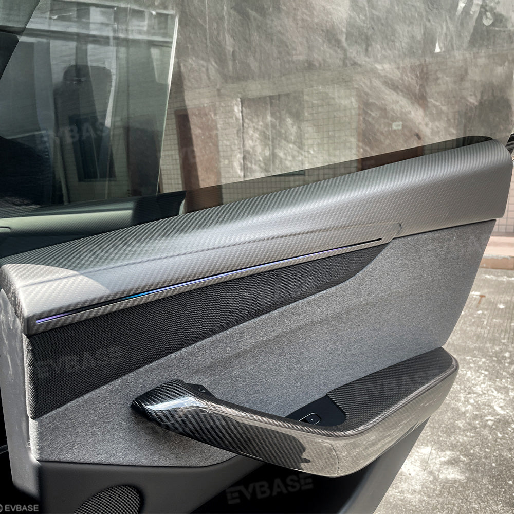 Model Y Juniper Front & Rear Full Upper Door Panel Overlays with Ambient Light Integration Real Dry Molded Carbon Fiber Trim Covers