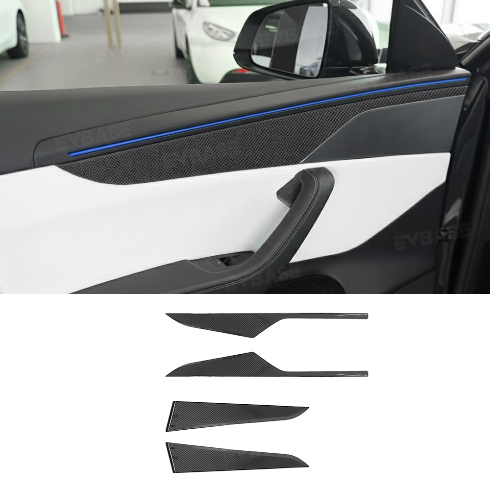 Model Y Juniper Real Dry Carbon Fiber Door Panel Trim Covers Plain Weave Performance Look Front and Rear Door Panel Overlays for Tesla