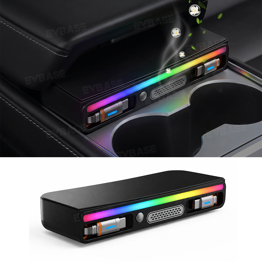 Model Y Juniper Standard /3 Standard Center Console USB Hub Charger with Retractable Charging Cables & RGB Ambient Lighting & Aroma Diffuser