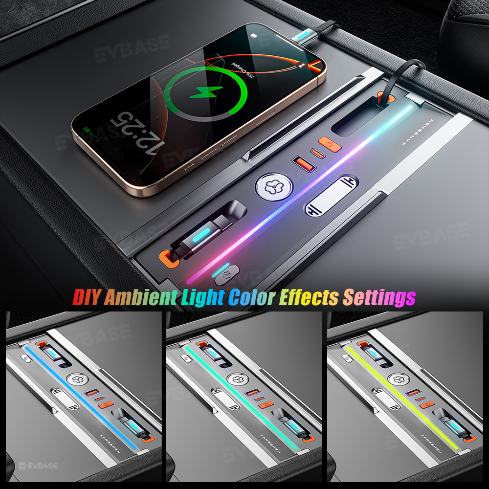 Model Y Juniper/ 3 Highland Center Console USB Hub Docking Station with Retractable Charging Cables & Aromatherapy & Ambient LED Lighting