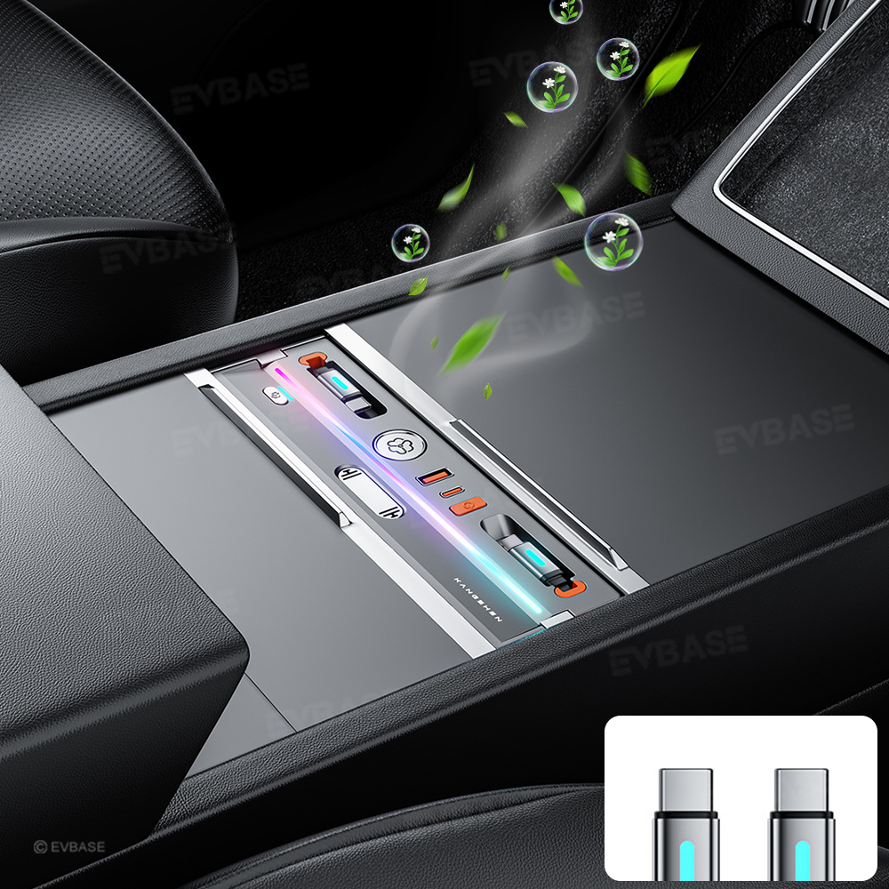 Model Y Juniper/ 3 Highland Center Console USB Hub Docking Station with Retractable Charging Cables & Aromatherapy & Ambient LED Lighting