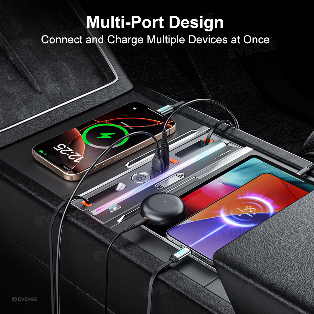 Model Y Juniper/ 3 Highland Center Console USB Hub Docking Station with Retractable Charging Cables & Aromatherapy & Ambient LED Lighting