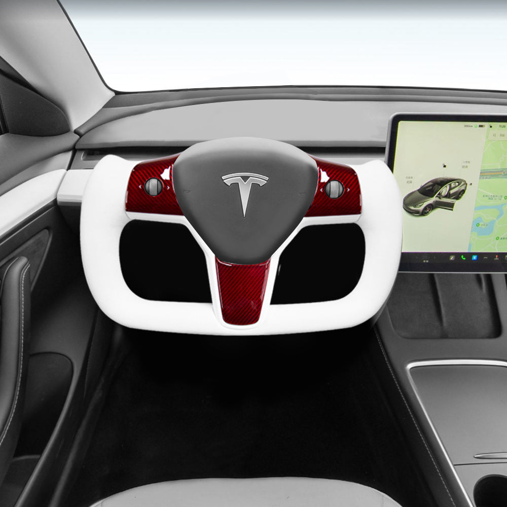 New EVBASE Tesla Model 3 Y Red Carbon Fiber Yoke Steering Wheel
