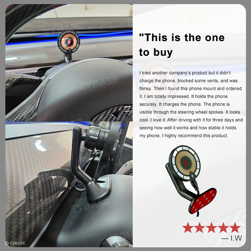 EVBASE Wireless Charging Phone Mount MagSafe Magnetic Phone Holder Behind Steering Wheel For Tesla Model 3 Y 3 Highland