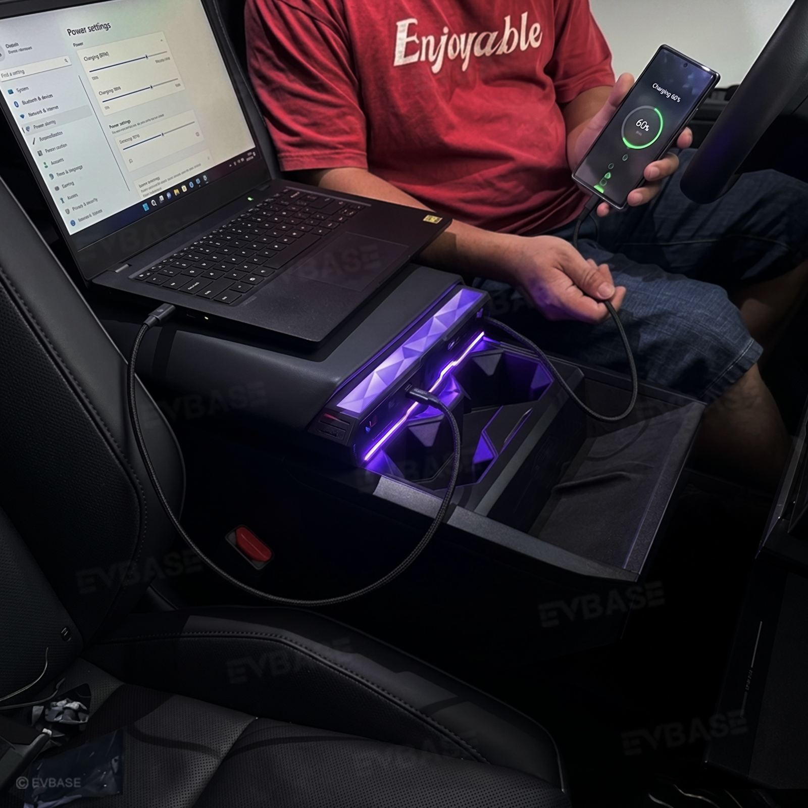 Cybertruck Center Console Multi-Port USB Charger Hub 3.0 with Retractable Cables & 110V AC Outlet Ambient Lighting Power Hub