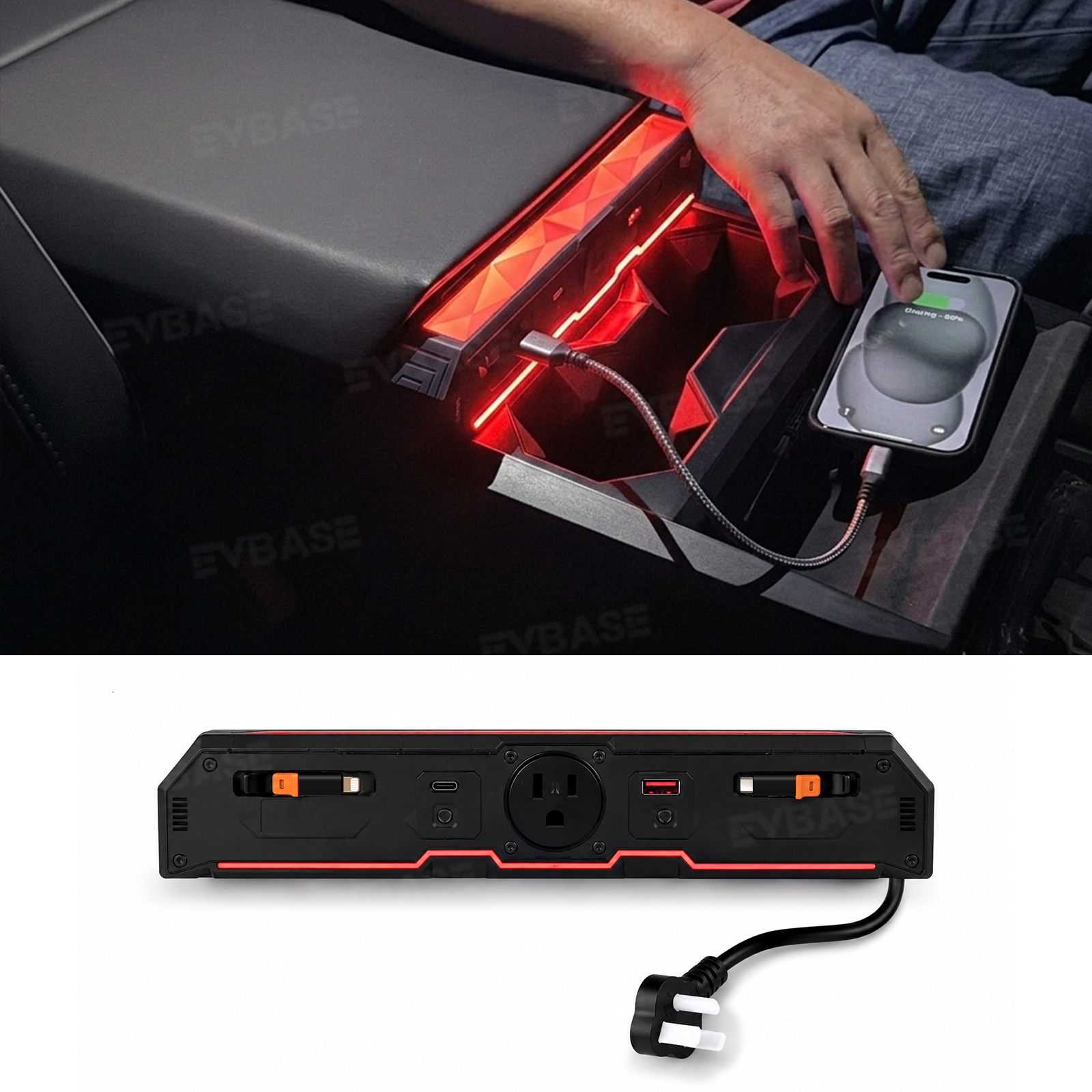 Cybertruck Center Console Multi-Port USB Charger Hub 3.0 with Retractable Cables & 110V AC Outlet Ambient Lighting Power Hub