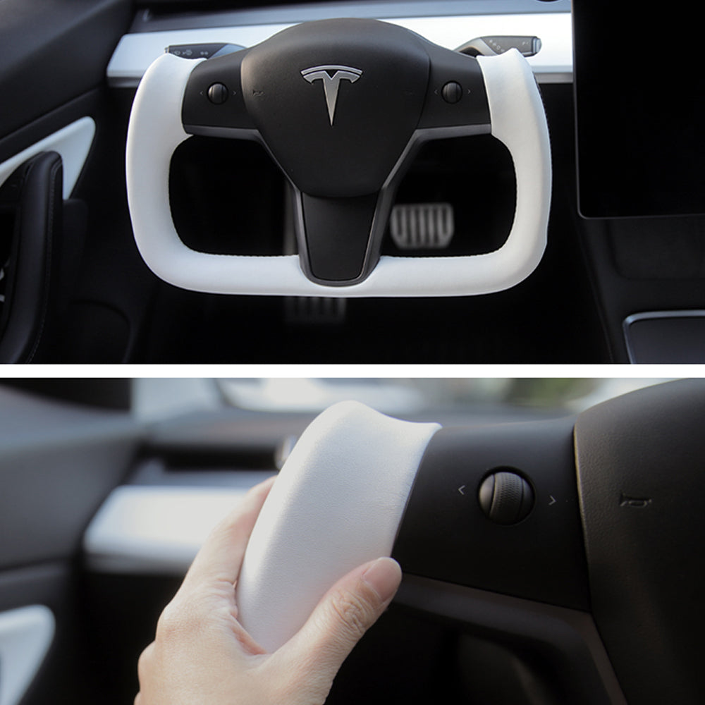 EVBASE Model 3 Y Yoke Steering Wheel Replacement Nappa White For Tesla