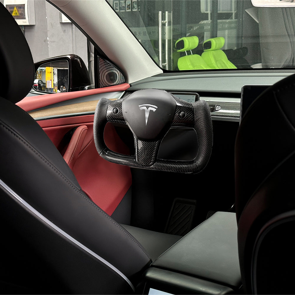 Model 3 Y Yoke Steering Wheel Tesla Carbon Fiber Steering Wheel Black Perforated Leather for Tesla