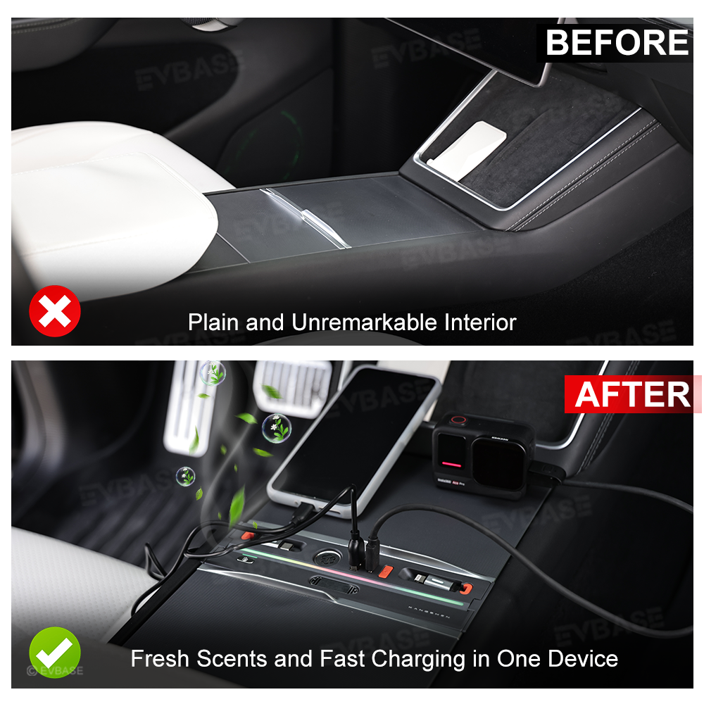 Model Y Juniper/ 3 Highland Center Console USB Hub Docking Station with Retractable Charging Cables & Aromatherapy & Ambient LED Lighting