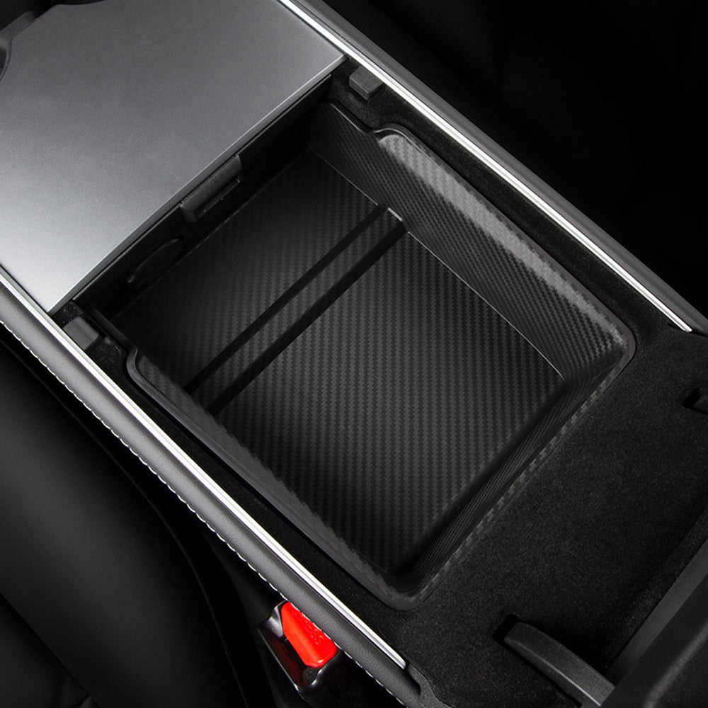 Center Console Tesla Organizer Carbon Fiber Armrest Storage Box Cup Ho -  EVBASE-Premium EV&Tesla Accessories