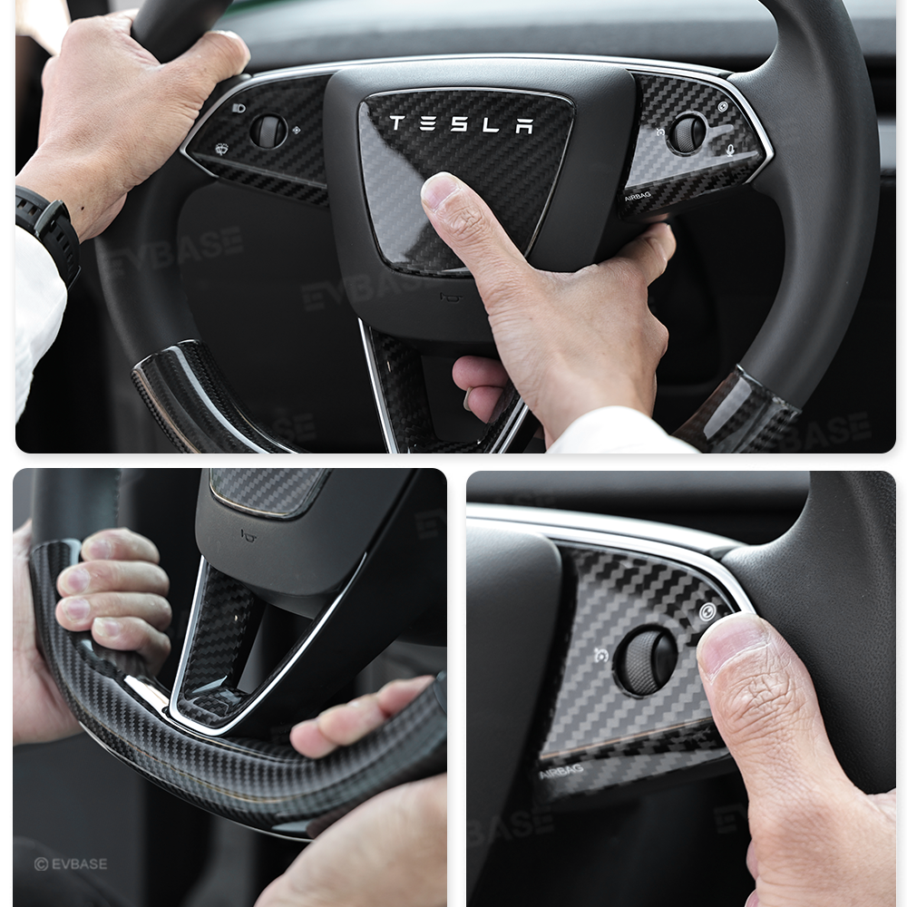 Model Y Juniper Real Carbon Fiber Steering Wheel Trim Cover Kit Upper Lower Overlay & Button Frame & Airbag Cover Sticker 6PCS
