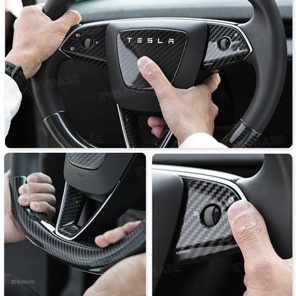Model Y Juniper Real Carbon Fiber Steering Wheel Trim Cover Kit Upper Lower Overlay & Button Frame & Airbag Cover Sticker 6PCS