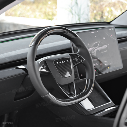 Model Y Juniper Real Carbon Fiber Steering Wheel Trim Cover Kit Upper Lower Overlay & Button Frame & Airbag Cover Sticker 6PCS