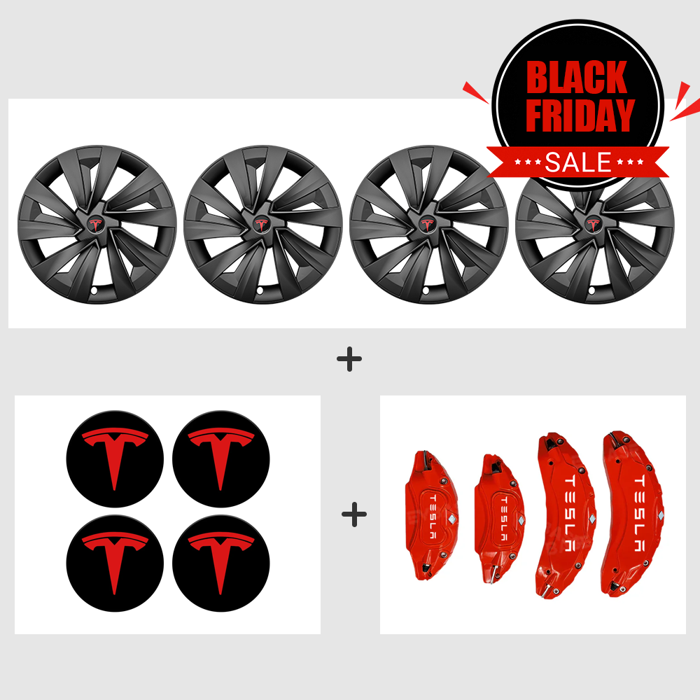 Model Y Juniper 19 Inch Spiral Style Matte Wheel Covers & Center Hub Caps & Brake Caliper Cover Set Performance Look Exterior Upgrade