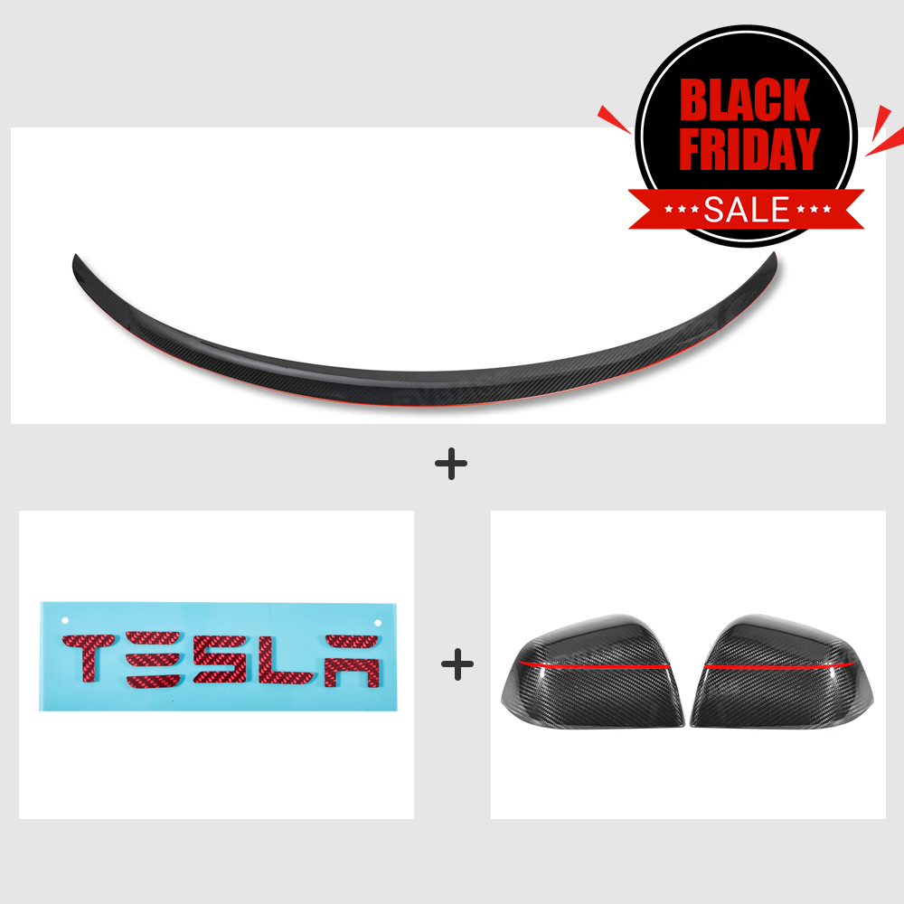 Model Y Juniper Real Carbon Fiber Rear Spoiler Wing & Side Mirror Covers & T-E-S-L-A Lettering Tailgate Emblem Decal