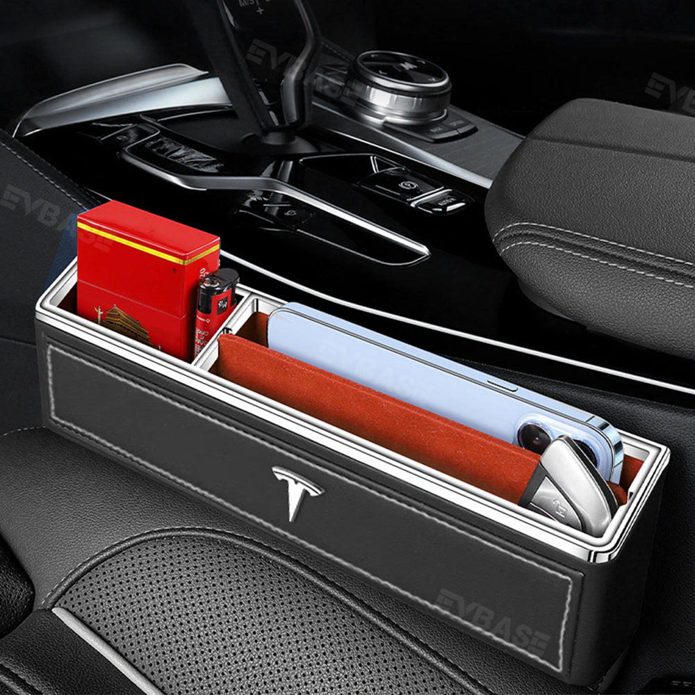 EVBASE-Premium EV&Tesla Accessories Tesla Car Seat Gap Filler Organizer with T Logo Leather for Model 3 Y x S