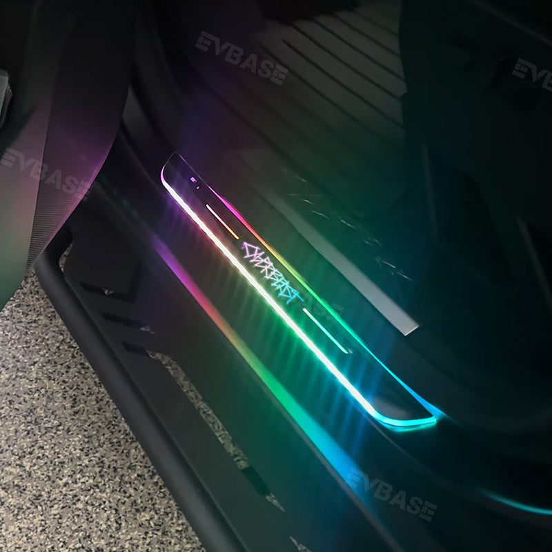 Cybertruck Illuminated Door Sill Protectors With Cyberbeast Graffiti Logo Welcome Pedal Plates LED Lights for Tesla
