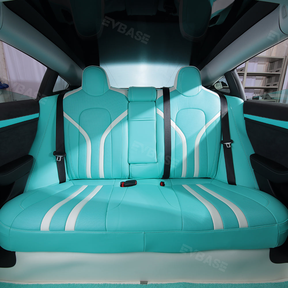 Model 3 Y Seat Covers Breathable NAPPA Leather Seat Protector Tiffany Blue & White All Set for Tesla