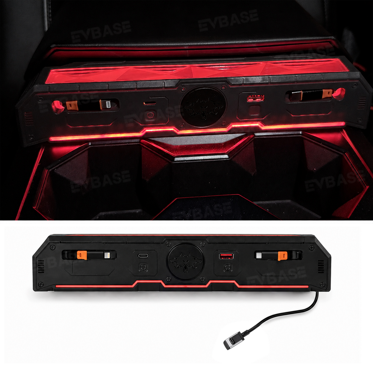 Cybertruck Center Console Multi-Port USB Charger Hub 3.0 with Retractable Cables & 110V AC Outlet Ambient Lighting Power Hub