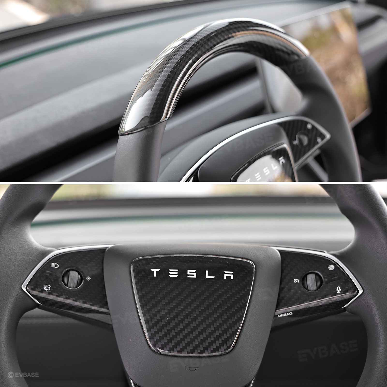 Model Y Juniper Real Carbon Fiber Steering Wheel Trim Cover Kit Upper Lower Overlay & Button Frame & Airbag Cover Sticker 6PCS