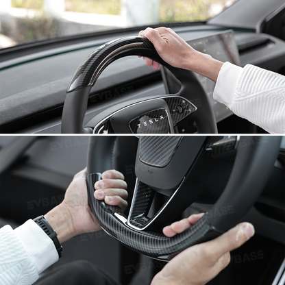 Model Y Juniper Real Carbon Fiber Steering Wheel Trim Cover Kit Upper Lower Overlay & Button Frame & Airbag Cover Sticker 6PCS
