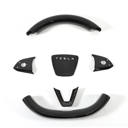 Model Y Juniper Real Carbon Fiber Steering Wheel Trim Cover Kit Upper Lower Overlay & Button Frame & Airbag Cover Sticker 6PCS