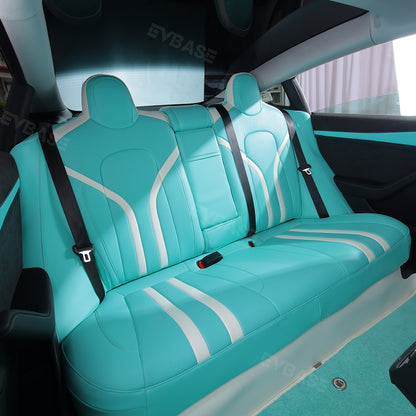 Model 3 Y Seat Covers Breathable NAPPA Leather Seat Protector Tiffany Blue & White All Set for Tesla