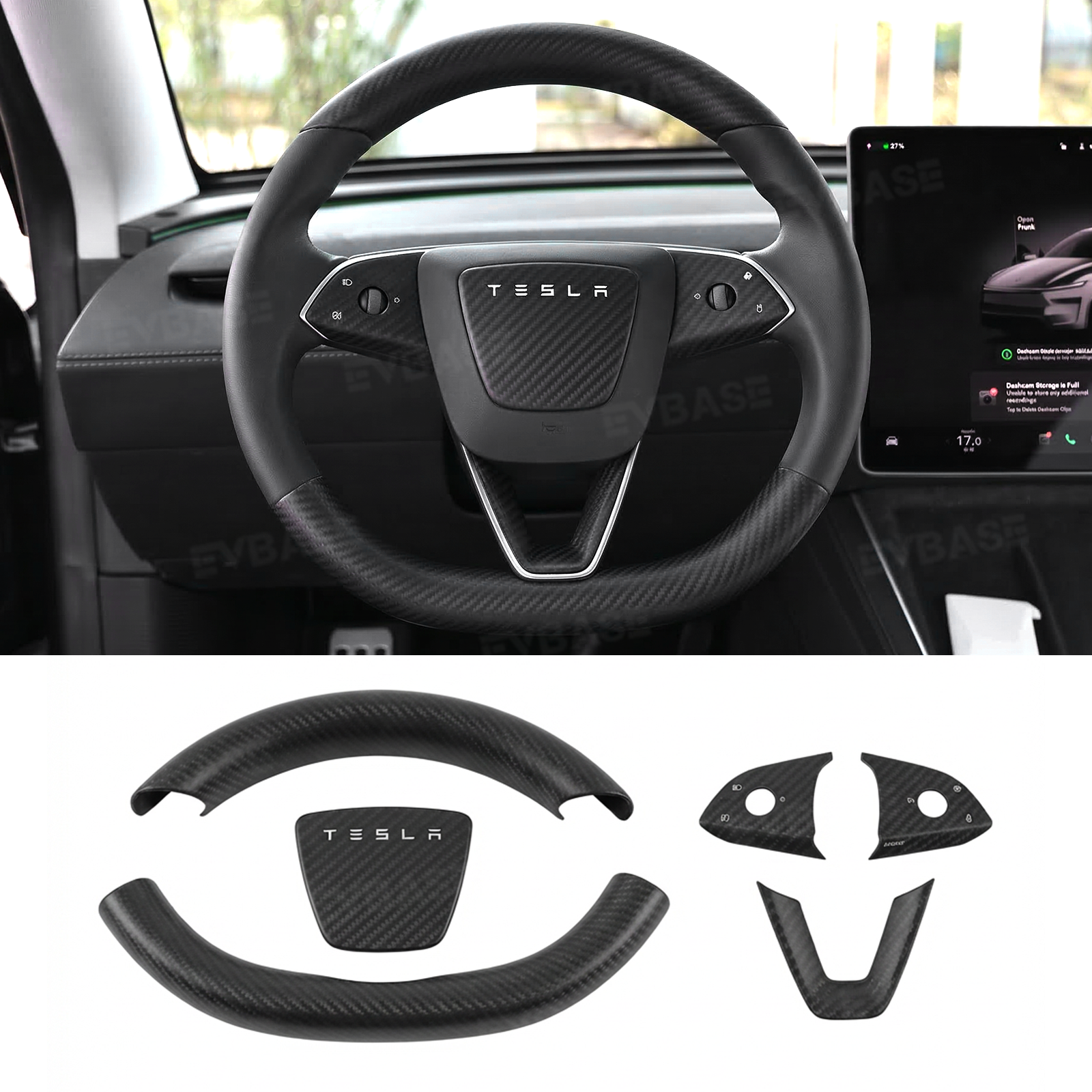 Model Y Juniper Real Carbon Fiber Steering Wheel Trim Cover Kit Upper Lower Overlay & Button Frame & Airbag Cover Sticker 6PCS