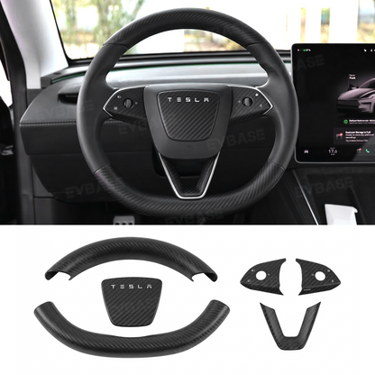 Model Y Juniper Real Carbon Fiber Steering Wheel Trim Cover Kit Upper Lower Overlay & Button Frame & Airbag Cover Sticker 6PCS