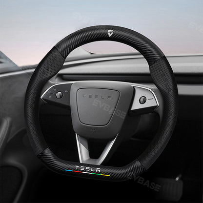 Tesla Model 3 Highland Steering Wheel Cover Wrap Breathable Anti-Slip Perforated Leather Carbon Fiber