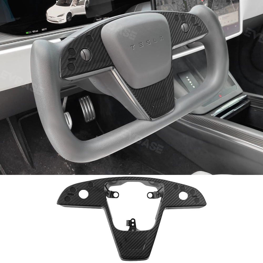 EVBASE Model S X Yoke Steering Wheel Cover Replacement Real Carbon Fiber Overlay Plate Panel