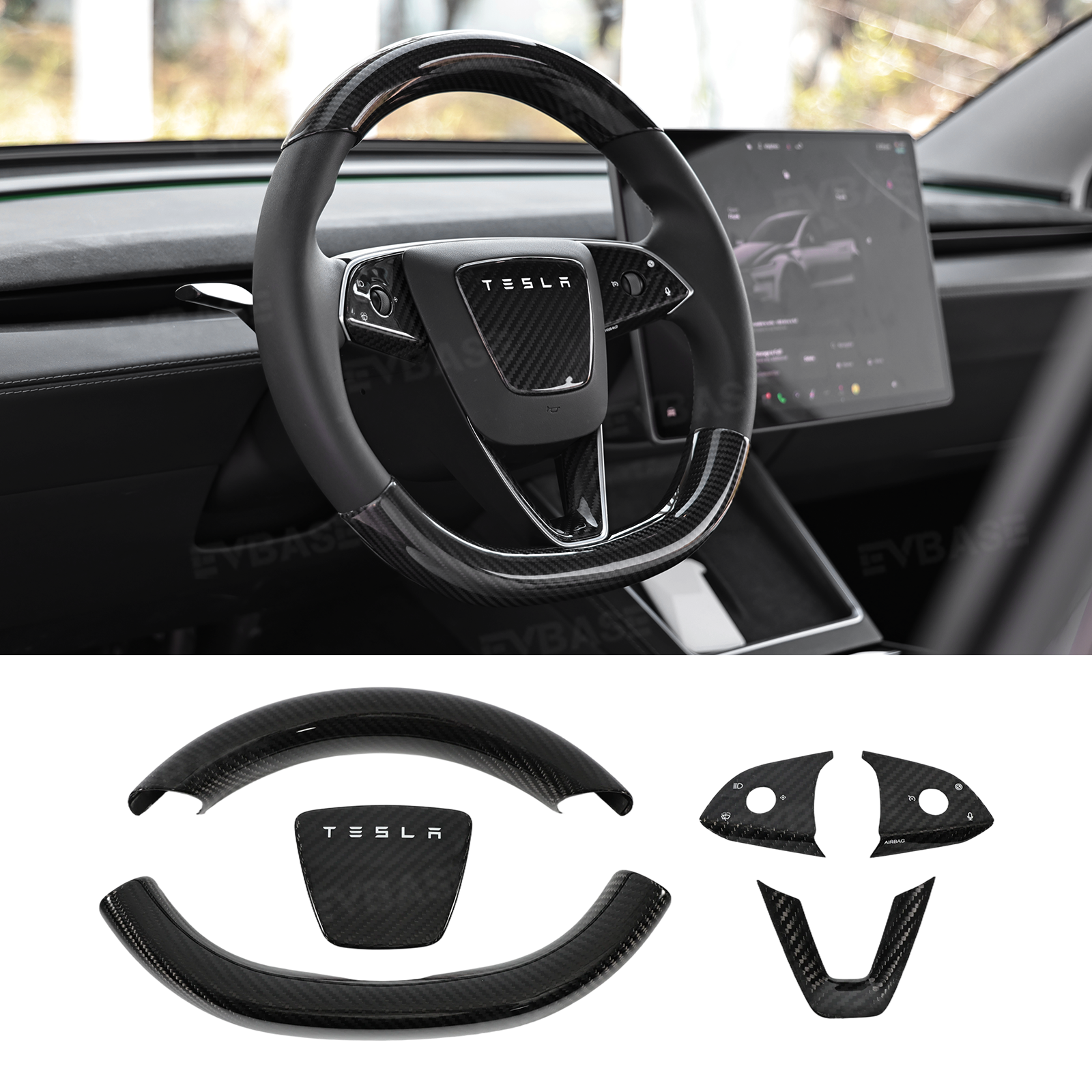 Model Y Juniper Real Carbon Fiber Steering Wheel Trim Cover Kit Upper Lower Overlay & Button Frame & Airbag Cover Sticker 6PCS