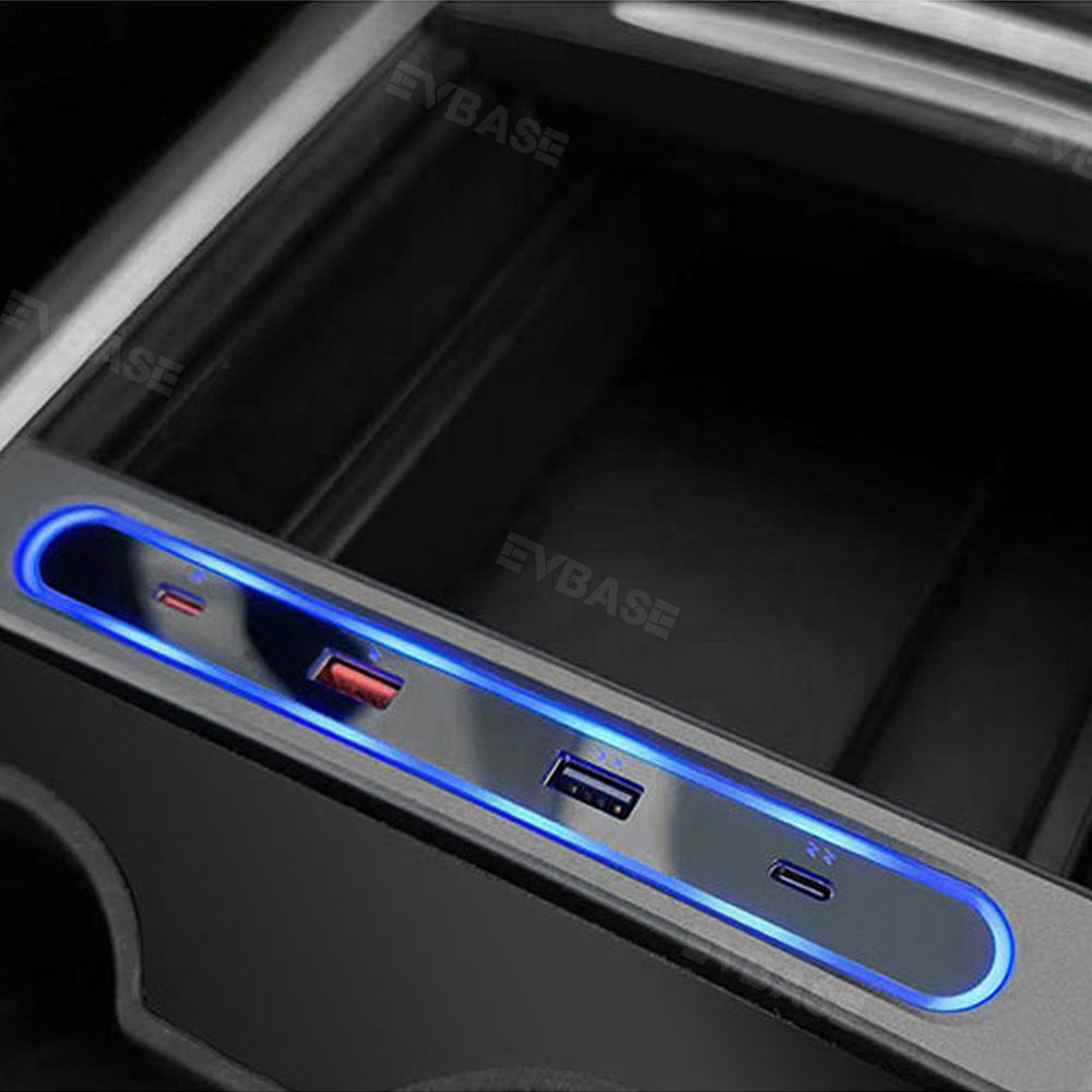 EVBASE Tesla Model 3 Y USB Hub Docking Station Charger With Center Console Storage Box Organizer LED Light Hub Adapter
