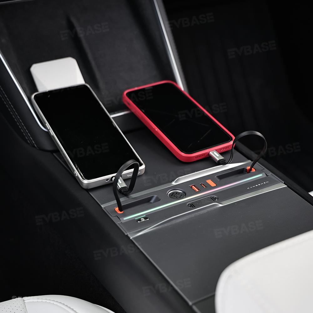 Model Y Juniper/ 3 Highland Center Console USB Hub Docking Station with Retractable Charging Cables & Aromatherapy & Ambient LED Lighting