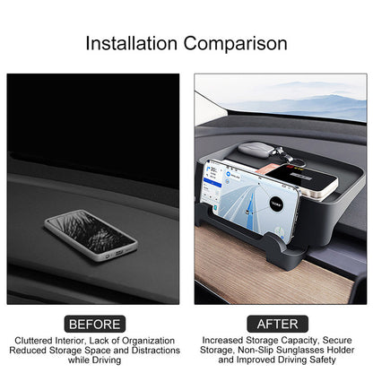 Tesla Model 3 Y Organizer Behind Screen Storage Box Dashboard Hidden Tray Non-Slip Sunglasses Holder