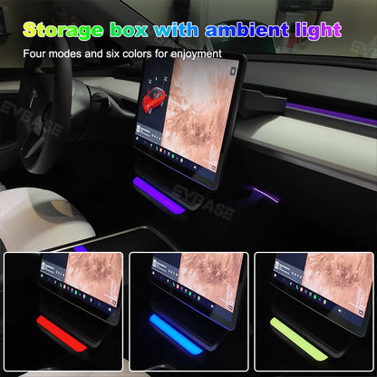Model 3/Y/ 3 Highland Under Screen Storage Tray With LED Ambient Light Center Console Organizer Box for Tesla