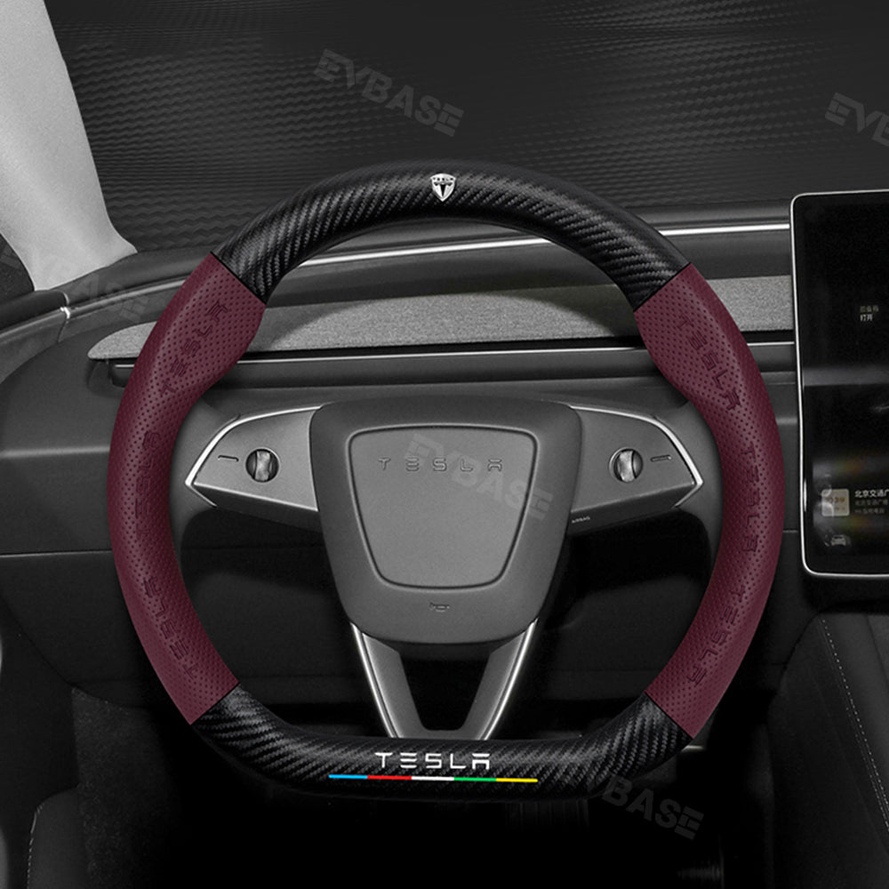 Tesla Model 3 Highland Steering Wheel Cover Wrap Breathable Anti-Slip Perforated Leather Carbon Fiber