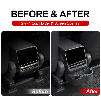 Model Y Juniper/ 3 Highland Backseat Screen Display Overlay with Hidden Folding Cup Holder