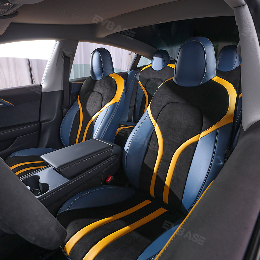 Model 3 Y Seat Covers All-Inclusive Seat Protector Full Set Black & Blue & Yellow for Tesla