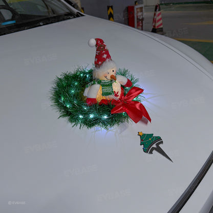 Christmas Holiday Car Decor Headrest Hat LED Christmas Wreath Lighted Snowman Plush Figurines 3D Xmas Emblem Stickers for Tesla