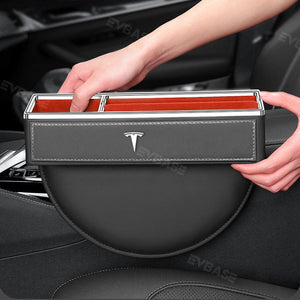 Tesla Model 3 Y X S Car Seat Crevice Storage Box with T Logo Leather Auto Console Side Extra Storage Box