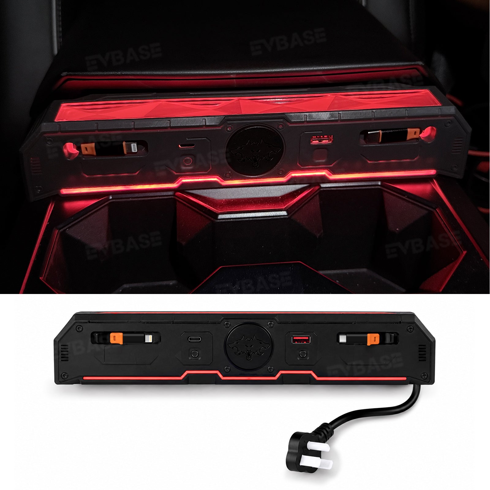 Cybertruck Center Console Multi-Port USB Charger Hub 3.0 with Retractable Cables & 110V AC Outlet Ambient Lighting Power Hub