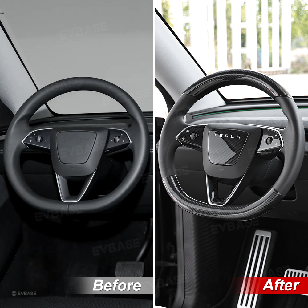 Model Y Juniper Real Carbon Fiber Steering Wheel Trim Cover Kit Upper Lower Overlay & Button Frame & Airbag Cover Sticker 6PCS